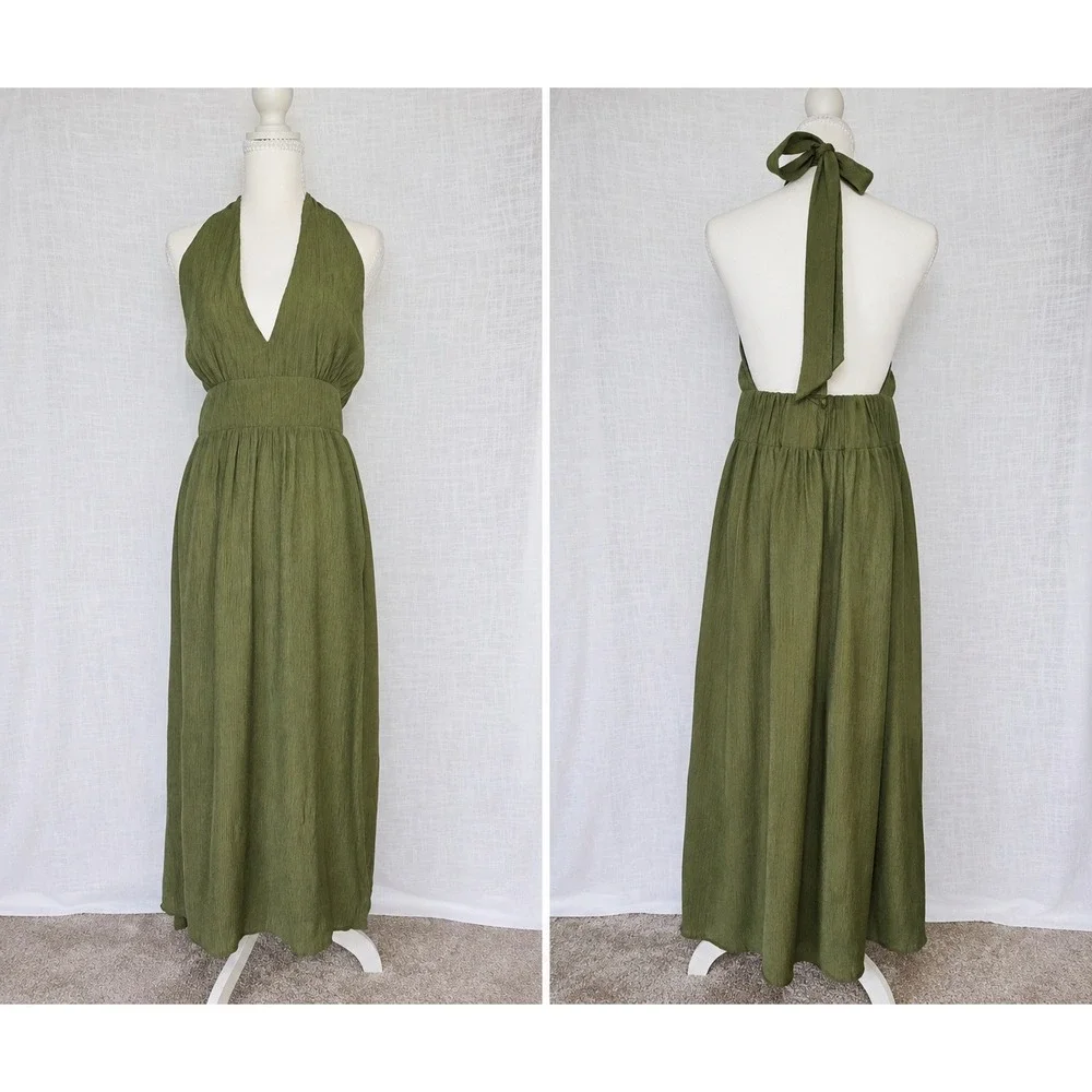 Abercrombie & Fitch Maxi Dress Women Large Olive Green Halter Open Back Wedding